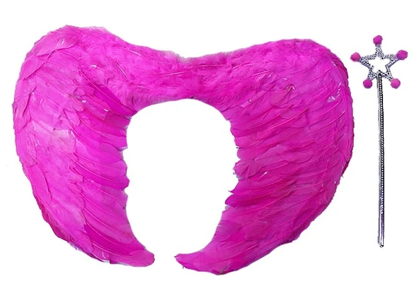 Gerçek Tüylü Katlanabilir Çocuk Pembe Melek Kanadı ve Asa Seti 40x55 cm ürün görseli 1