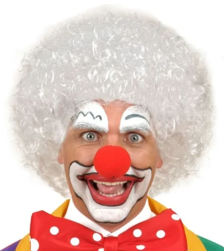 Beyaz Renk Kıvırcık Afro Bonus Peruk Saç ve Kırmızı Sünger Burun Seti ürün görseli 1