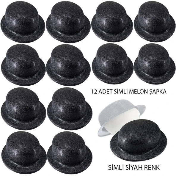 Siyah Renk Simli Melon Yuvarlak Parti Şapkası 12 Adet ürün görseli 1