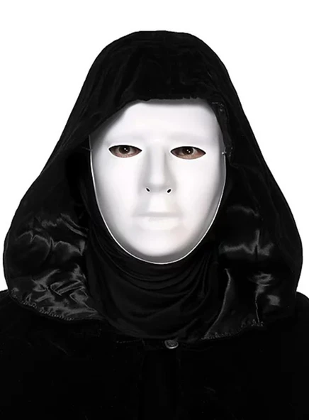 Siyah Kapüşonlu 120 cm Pelerin ve Beyaz Boyanabilir Tam Yüz Maske ürün görseli 1