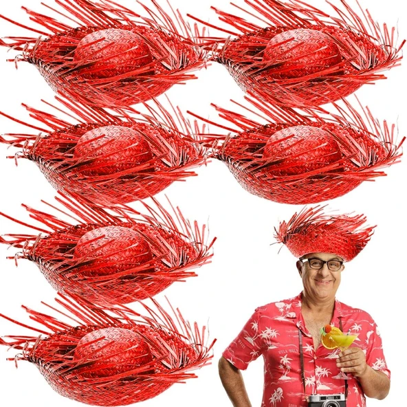 Tropikal Parti Kırmızı Hasır Hawaii Şapkası 13x36 cm ürün görseli 1