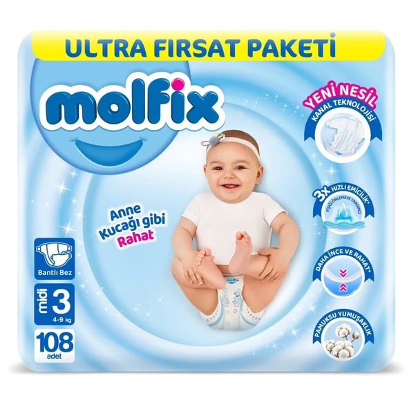 Bebek Bezi Ultra Fırsat Paketi 3 Beden 4-9 Kg 108 Adet ürün görseli 1