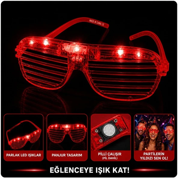 LED Işıklı Panjur Parti Gözlüğü Kırmızı Renk Gözlük ürün görseli 1