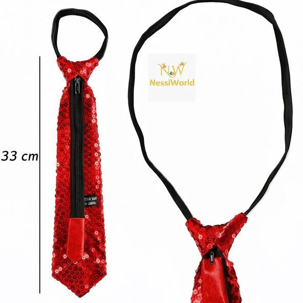 Kırmızı Pul Payetli Işıltılı Parti Kravatı 33 cm ürün görseli 1