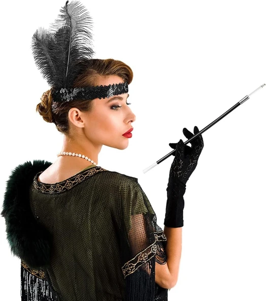 Gatsby Aksesuar Seti – Siyah Charleston Saç Bandı & Sigaralık ürün görseli 1