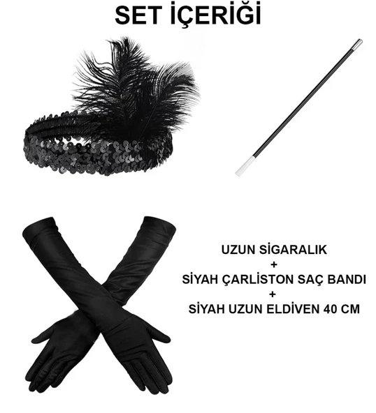 Gatsby Aksesuar Seti – Siyah Charleston Saç Bandı, Uzun Eldiven & Sigaralık ürün görseli 1