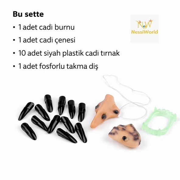 Cadı Aksesuar Seti – Burun, Çene, Fosforlu Diş ve 10 Adet Siyah Tırnak ürün görseli 1