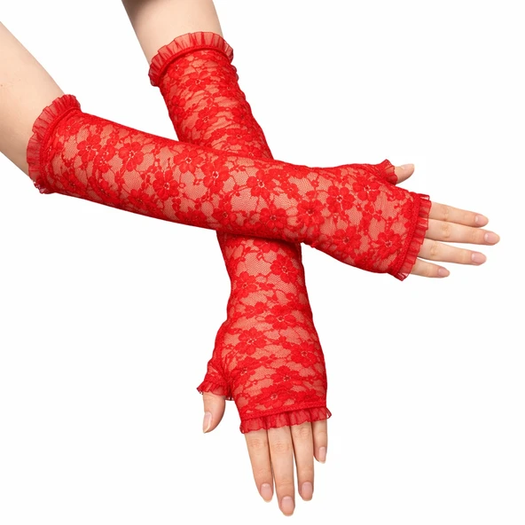 Uzun Zarif Dantel Eldiven Parmaksız Kırmızı 35 cm ürün görseli 1