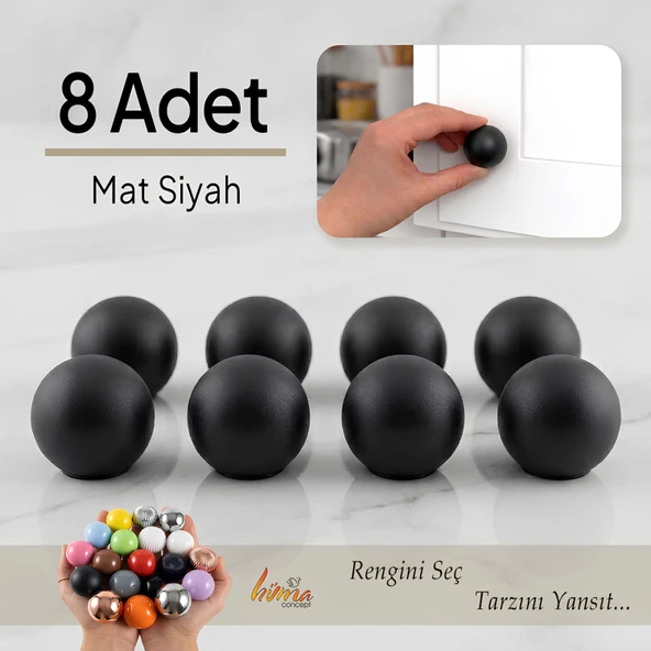 8 Adet Sert Plastik Düğme Yuvarlak Top Mat Siyah Dolap Mobilya Mutfak Dolabı Çekmece Kulbu Kulpu Kulplar ürün görseli 1