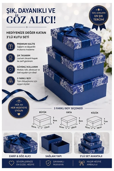 Mavi Gri Hediye Kutusu Dikdörtgen 3 lü 1 Paket K-0974 Boş Hediye Kutusu Sevgiliye Özel Kurdelalı Karton Hatıra Kutu ürün görseli 1