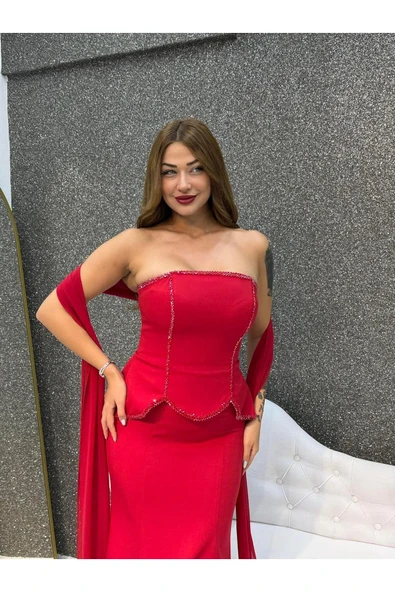 KIRMIZI BONCUK ISLEMELI KREP BALIK ABIYE - Resim 5