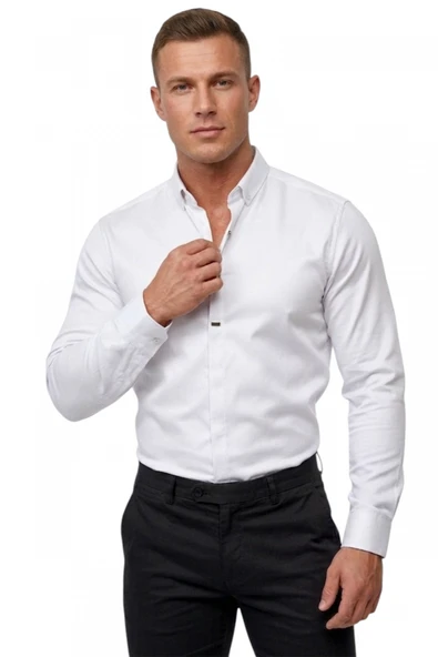 DeepSEA Slim Fit Likralı Kolay Ütülenebilir Gizli Düğmeli Erkek Gömlek 2602614 ürün görseli 1