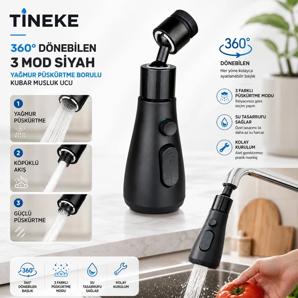 TİNEKE 360 DERECE DÖNEBİLEN- 3 MOD SİYAH YAĞMUR PÜSKÜRTME BORULU KUBAR MUSLUK UCU ürün görseli 1