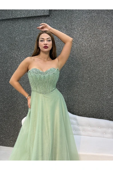 MINT BONCUK ISLEMELI STRAPLEZ PRENSES ABIYE ürün görseli 1