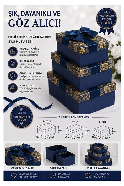 Mavi Sarı Hediye Kutusu Dikdörtgen 3 lü 1 Paket K-0974 Boş Hediye Kutusu Sevgiliye Özel Kurdelalı Karton Hatıra Kutu ürün görseli 1