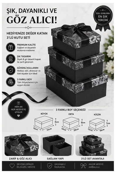 Siyah Gri Hediye Kutusu Dikdörtgen 3 lü 1 Paket K-0974 Boş Hediye Kutusu Sevgiliye Özel Kurdelalı Karton Hatıra Kutu ürün görseli 1