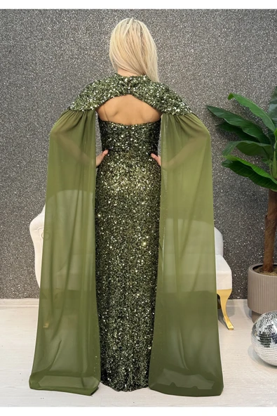 OLİVE PUL PAYET PELERINLI BALIK ABIYE - Resim 2