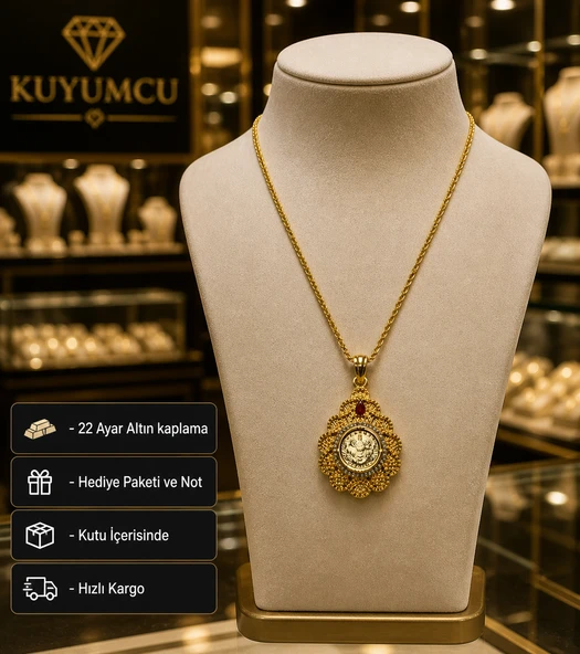 22 Ayar Altın Kaplama Osmanlı Tuğra Desenli Taş Detaylı Hediye Kolye ürün görseli 1