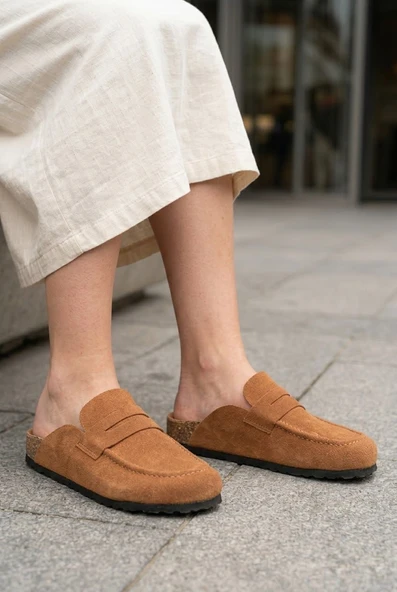 LUVRA Bağcıksız Hakiki Süet Deri Kadın Günlük Mantar Taban Loafer Klasik Ayakkabı HDMT - Taba ürün görseli 1