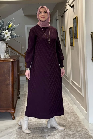 Yağmur Triko Elbise Mürdüm - Resim 3
