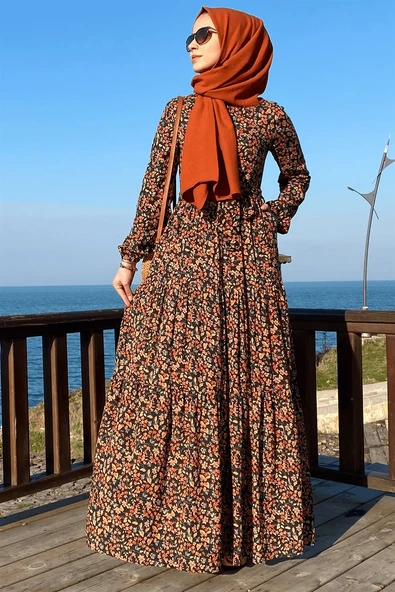 Güzide Yaprak Desenli Elbise - Resim 5