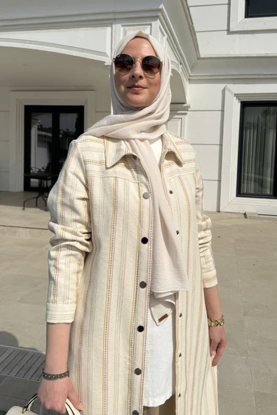 Lina Çizgili Keten Kap - Resim 4