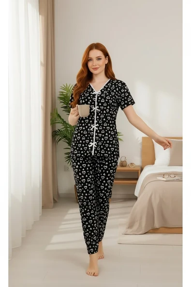 CS Kadın Siyah Kalp Desenli Fiyonklu Kısa Kollu Uzun Pijama Takımı ürün görseli 1