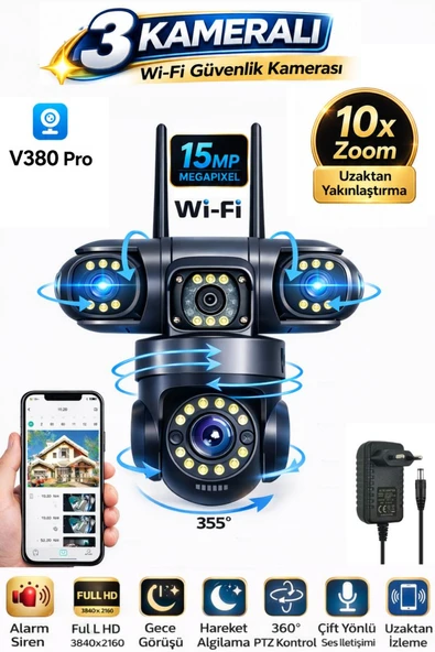 RX113W WİFİ 3 Kameralı Güvenlik Kamerası 15MP ULTRA HD PTZ Hareketli Sesli Gece Görüşlü Akıllı Kamera ürün görseli 1