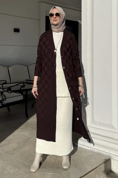 Dama Desenli Triko Hırka Acı Kahve ürün görseli 1