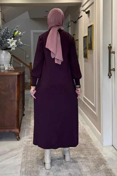 Yağmur Triko Elbise Mürdüm - Resim 6