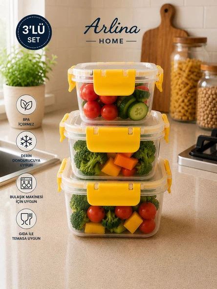Softchef Sızdırmaz Kare 3 Lü Saklama Kabı Sarı ürün görseli 1