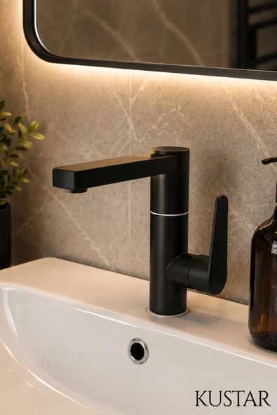 Modern Tek Kollu Siyah Lavabo Bataryası  Banyo Musluğu  Aç-Kapa  Döner Boru  Sıcak Soğuk ürün görseli 1
