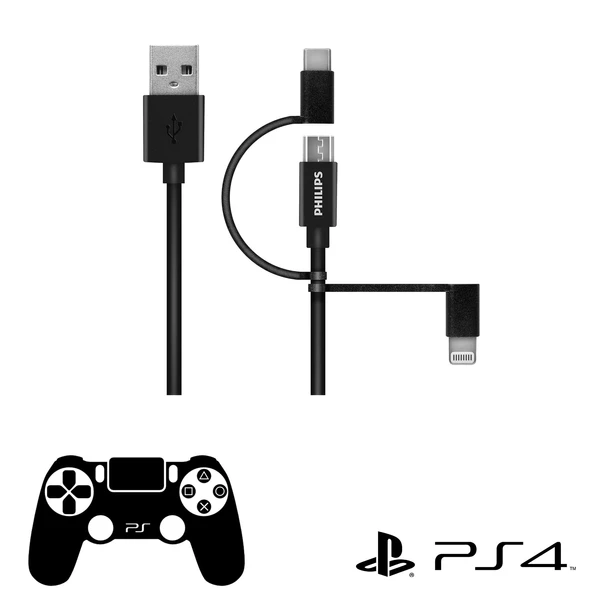 Philips Playstation 4/5 İle Uyumlu Joystick Şarj Kablosu 3in1 Micro Usb-Lightining-Type-C Hızlı Şarj Kablosu 2m DLC3106T ürün görseli 1