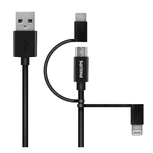Philips MFI Apple Lisanslı İphone 16 Pro Max 3in1 Micro Usb-Lightining-Type-C Hızlı Şarj ve Data Kablosu 2m Siyah DLC3106T ürün görseli 1