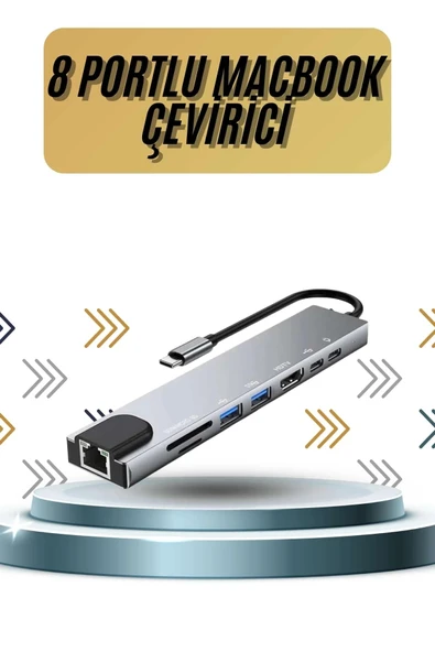 8 Portlu Macbook Çevirici Type C Hub  SD TF USB Çoğaltıcı Ethernet ürün görseli 1