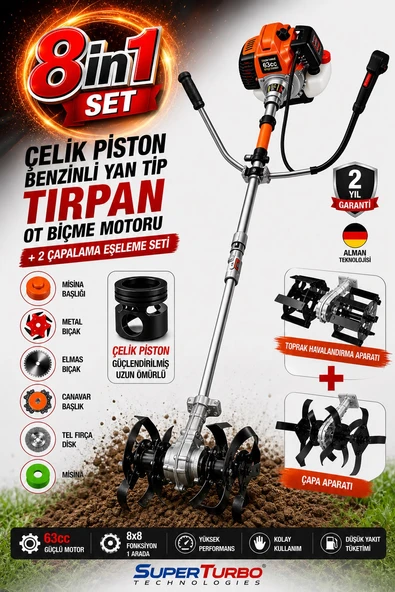 Staxx 8x8 Ultra Güçlendirilmiş 8IN1 Benzinli Yan Tip Tırpan Ot Biçme Motoru + 2 Çapalama Eşeleme Set ürün görseli 1