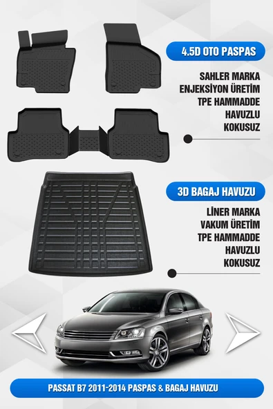 Volkswagen Passat B7 2011-2014 Uyumlu 4.5D Premium Havuzlu Oto Paspas ve Liner Bagaj Havuzu ürün görseli 1