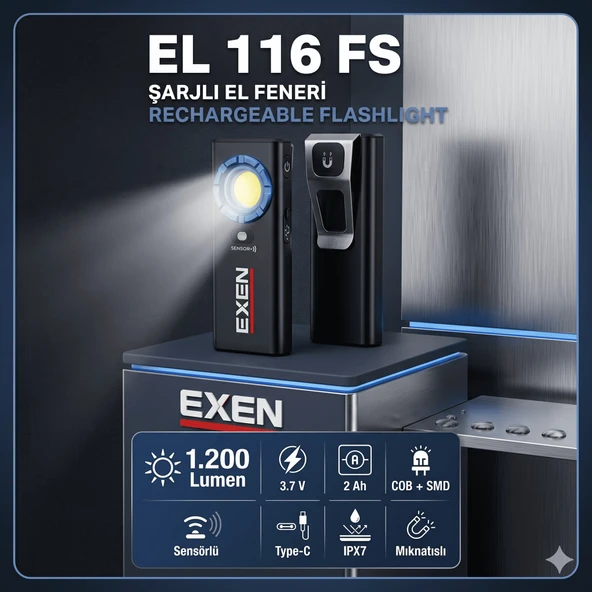 EXEN EL 116 FS - 3.7V 2Ah 1.200 Lümen Şarjlı Slim Tip El Feneri ürün görseli 1
