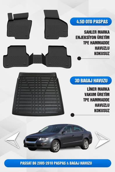 Volkswagen Passat B6 2005-2010 Uyumlu 4.5D Premium Havuzlu Oto Paspas ve Liner Bagaj Havuzu ürün görseli 1