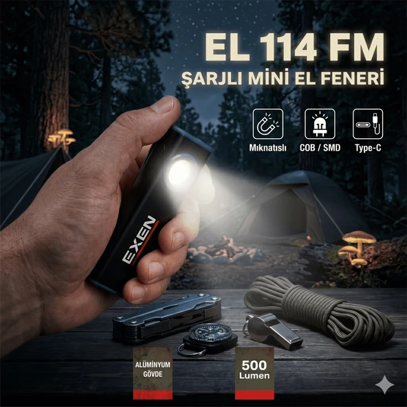 EXEN EL 114 FM - 3.7V 1.2Ah 500 Lümen Şarjlı Mini Tip El Feneri ürün görseli 1