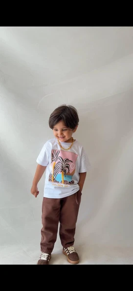 Cg Kids Palmiye Kabartma Detaylı Basic Tshirt&Pantolon Alt Üst Takım Süper Kalite ürün görseli 1