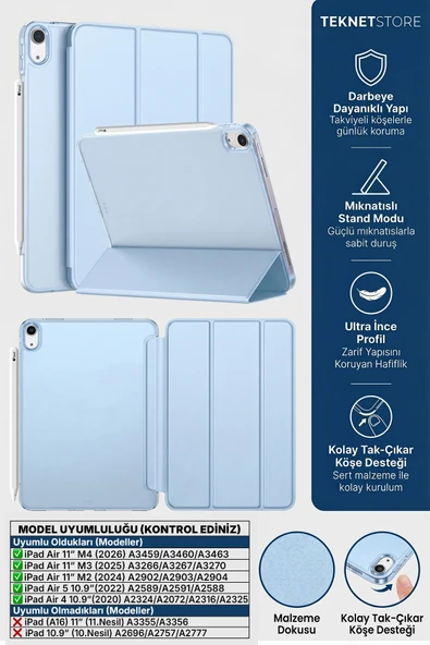 iPad Air 11" M4 M3 M2 Uyumlu Kılıf Ultra İnce Standlı Akıllı Uyku Modlu Zarif Koruyucu Kapak  Bebek Mavisi ürün görseli 1