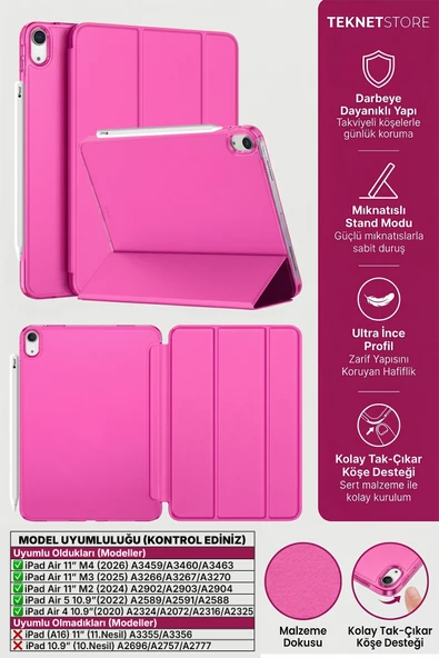 iPad Air 11" M4 M3 M2 Uyumlu Kılıf Ultra İnce Standlı Akıllı Uyku Modlu Zarif Koruyucu Kapak  PEMBE ürün görseli 1