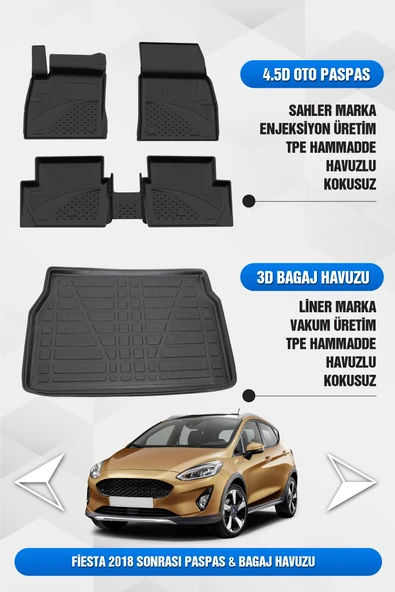 Ford Fiesta 2018 ve Sonrası Uyumlu 4.5D Premium Havuzlu Oto Paspas ve Liner Bagaj Havuzu ürün görseli 1