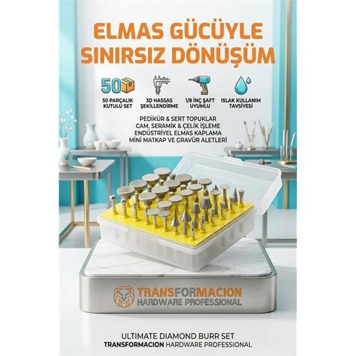 50 Parça Elmas Uçlu Döner Törpü ve Freze Seti - Pedikür Nasır, Topuk, Cam ve Taş İşleme Uçları 723151 ürün görseli 1