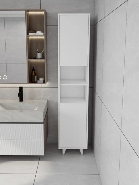 Riva Çamaşır Sepetli Banyo Dolabı Beyaz Renk ürün görseli 1