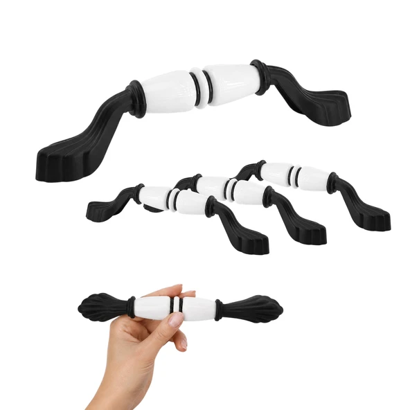 (5 Adet) Arelya Porselen Beyaz Siyah Kulp 128 mm 12.8 cm Mobilya Çekmece Dolabı Dolap Kapak Kulb Kulpu ürün görseli 1