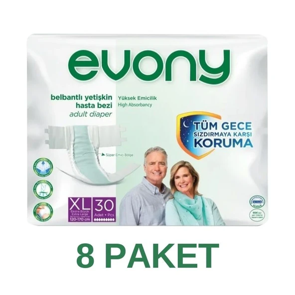 EVONY Bel Bantlı Yetişkin Hasta Bezi Xlarge 30'lu 8 Paket 240 Adet ürün görseli 1