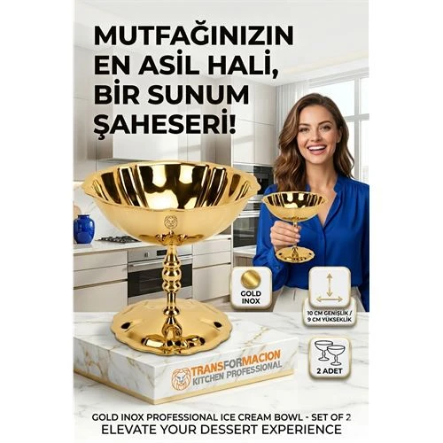 2'li Profesyonel İnox Gold Paslanmaz Çelik Ayaklı Dondurma ve Tatlı Sunum Kasesi Seti 723149 ürün görseli 1