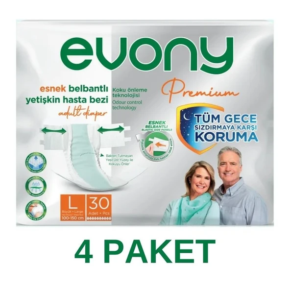 EVONY Premium Esnek Belbantlı Yetişkin Hasta Bezi Large 30’lu 4 Paket 120 Adet ürün görseli 1